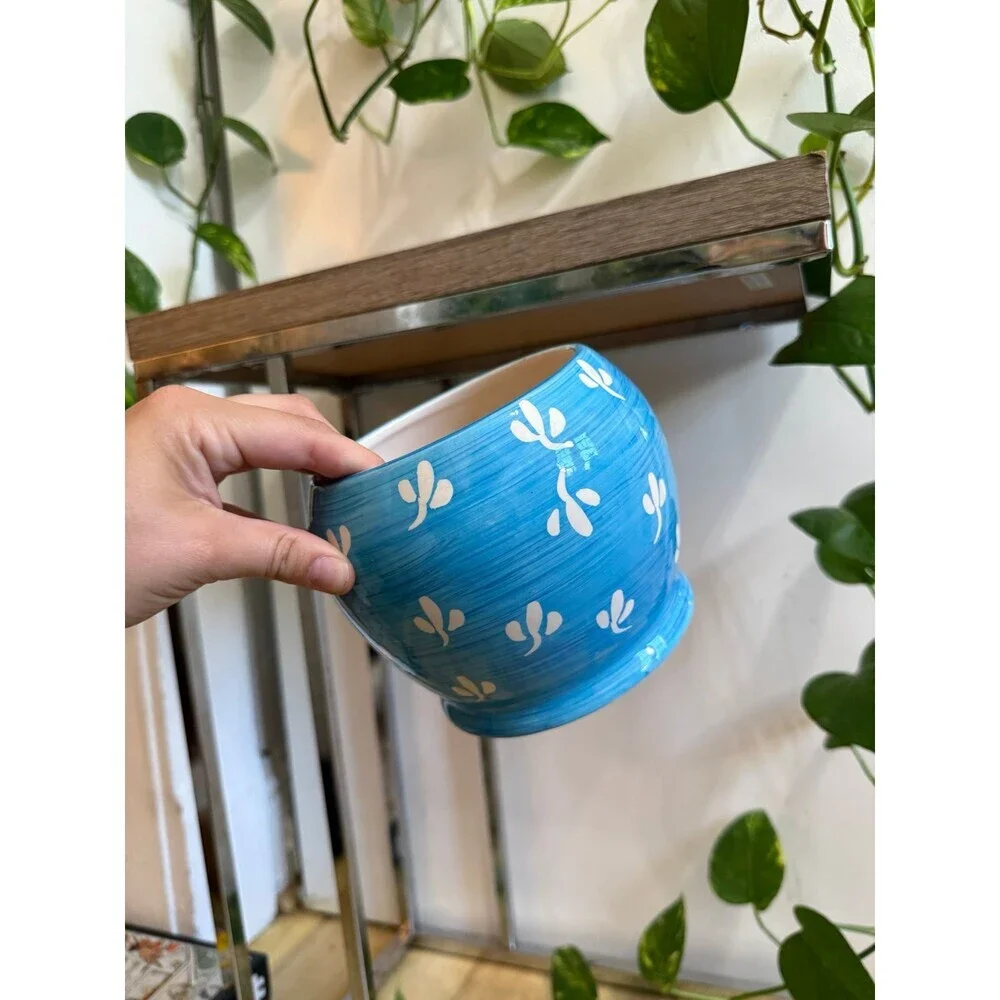 Blue Ceramic Bowl with White Floral Pattern